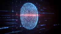 Digital fingerprint scan with glowing blue light effect on dark background, biometric security concept with futuristic scanning technology and data lines.
