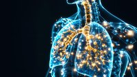 Glowing blue and gold human respiratory system showing lungs, bronchi and trachea with illuminated network connections on dark background for medical visualization.