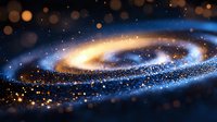 Glowing spiral galaxy formation with shimmering stardust and particles against dark space background, cosmic energy swirl in blue and golden colors.