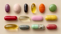 Colorful assortment of dietary supplements and medication capsules arranged in neat rows on beige background for health and wellness concept.
