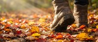 Close-up of hiking boots walking through fallen autumn leaves on forest ground, ideal for outdoor adventure and seasonal travel content.