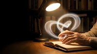 Glowing light trails spiral above open book on wooden desk with lamp creating magical reading atmosphere for education and learning concepts.