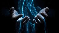 Hands holding glowing blue energy waves and particles on dark background, symbolizing power, technology, and digital innovation.