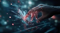 Human hand touching digital interface with glowing particles, creating futuristic connection between physical and virtual worlds against dark blue background.