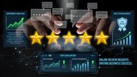 Businessman touching five golden stars for customer feedback rating with digital analytics dashboard and performance metrics on dark background.