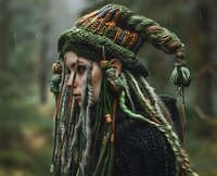 Young Caucasian woman wearing fantasy knitted green and brown hat with dreadlocks in forest setting, side profile view showing mystical tribal-inspired costume design.