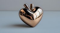 Metallic rose gold heart-shaped decorative object with glossy reflective surface and stem detail on neutral background, modern luxury home decor element.