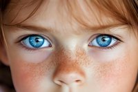 Close-up view of bright blue eyes and scattered freckles across nose and cheeks, showcasing natural beauty and innocence in macro photography.