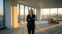 Confident blonde businesswoman in dark suit standing with crossed arms in modern office space with floor-to-ceiling windows overlooking city skyline at sunset.