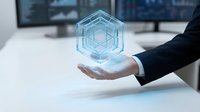 Businessman hand holding glowing blue hexagonal holographic structure in modern office environment for technology and innovation concepts.