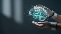 Hands holding glowing digital brain hologram with neural network connections, representing artificial intelligence, machine learning, and innovative technology solutions.