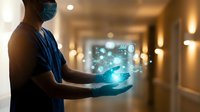 Healthcare professional in mask using holographic medical technology interface in modern hospital corridor for digital health innovation.