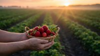 Fresh ripe strawberries in wicker basket held by farmer hands at sunrise over agricultural field rows during golden hour harvest season.
