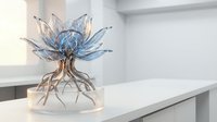 Glass lotus flower sculpture with golden roots on white surface in modern minimalist interior space for luxury home decor and artistic display.