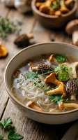Homemade mushroom noodle soup with chanterelles and morels in ceramic bowl, garnished with fresh parsley on rustic wooden table for comfort food recipes.