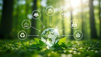 Green earth globe with sustainability icons on forest floor surrounded by eco-friendly symbols representing renewable energy and environmental conservation.