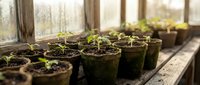 Young green seedlings growing in biodegradable peat pots on wooden greenhouse bench with natural sunlight streaming through windows for organic gardening.