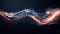 Glowing abstract wave of light particles flowing in dark space with orange and blue colors creating dynamic motion effect for technology backgrounds.