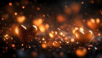 Glowing golden hearts with sparkles and bokeh effects floating on dark background, romantic atmosphere for Valentine's day and love concepts.