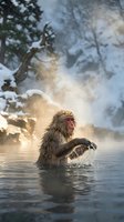 Japanese macaque monkey bathing in natural hot spring during winter snowfall with steam rising from thermal waters surrounded by snowy forest landscape.
