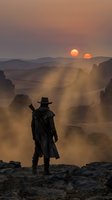 Lone cowboy gunslinger silhouette watching dramatic sunset over dusty desert canyon landscape with twin suns in apocalyptic western scene.