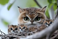 Mother cat with big green eyes watching protectively over three curious kittens peeking from their nest, soft focus natural background creates tender family moment.