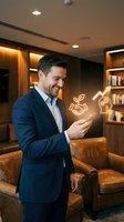 Professional businessman using smartphone with glowing partnership and innovation icons in modern office environment for business technology concepts.