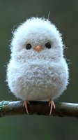 Fluffy white baby bird with round black eyes and tiny pink beak perched on branch against dark green background, creating adorable and innocent expression.