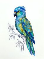 Colorful macaw parrot perched on branch with vibrant blue, green, and yellow plumage, featuring detailed feathers and expressive eye, isolated on white background for design projects.