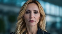 Confident blonde businesswoman with serious expression in corporate environment, showcasing professional demeanor for leadership and success concepts.