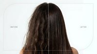 Hair treatment before and after comparison showing damaged frizzy hair transformation to smooth straight healthy hair on white background.