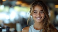 Young woman with long brown wavy hair and fair complexion smiling at camera in blurred indoor setting, suitable for lifestyle, business, and portrait projects.