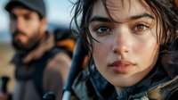 Young Hispanic woman with intense gaze and windswept dark hair in foreground, bearded man wearing cap visible in soft focus background during golden hour lighting.