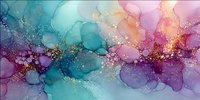 Abstract watercolor background with flowing teal, purple, pink and gold ink blots creating dreamy artistic texture for modern design projects.