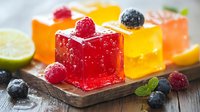 Colorful fruit jelly cubes with fresh berries and citrus on wooden board, bright dessert with raspberries and blueberries, garnished with mint leaves.