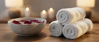 Spa wellness setup with rolled white towels and rose petals in bowl on wooden surface with warm candle lighting for relaxation and self-care rituals.
