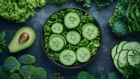 Fresh green salad with cucumber slices in bowl surrounded by healthy vegetables including broccoli, avocado and leafy greens on dark slate background.
