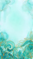 Turquoise watercolor background with gold leaf botanical elements and flowing organic shapes, suitable for wedding invitations, greeting cards, and luxury branding designs.