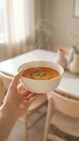 Woman hands holding steaming hot tomato soup bowl in cozy kitchen setting with warm natural lighting and soft home atmosphere for comfort food concepts.