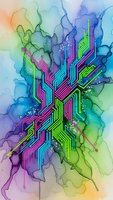 Vibrant watercolor circuit board with neon pink, green and blue electronic pathways on colorful abstract background for tech designs.