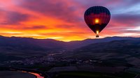Hot air balloon glowing against dramatic sunset sky over mountain valley, with vibrant orange and purple clouds reflecting in winding river below.