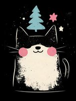Cute black cat with rosy cheeks and Christmas tree floating above on dark background. Minimalist holiday illustration with distressed texture and stars.