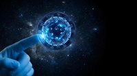 Gloved hand holding glowing coronavirus molecule against starry space background for medical research and pandemic awareness concepts.