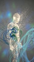 Digital human silhouette dissolving into golden particles with flowing energy waves and light effects for technology and transformation concepts.