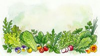 Assorted fresh leafy greens and vegetables arranged in row on watercolor background, suitable for organic food, healthy eating, nutrition, recipe blogs, restaurant menus, and wellness content.