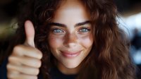 Young woman with curly brown hair and blue eyes giving thumbs up gesture, smiling at camera with positive expression for success and approval concepts.