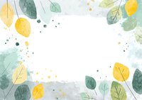 Watercolor frame with yellow and green leaves, soft splatter texture and white central space for text or design elements.