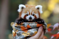 Adorable red panda cub wrapped in colorful patterned scarf, peeking over fabric with bright eyes and distinctive white-tipped ears against blurred natural background.