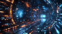 Abstract digital tunnel with glowing blue and orange light streaks creating futuristic cyber space corridor effect, dynamic technology background for presentations.