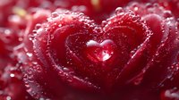 Red rose petals with water droplets forming natural heart shape, romantic Valentine's Day symbol for love and passion concepts in macro photography.